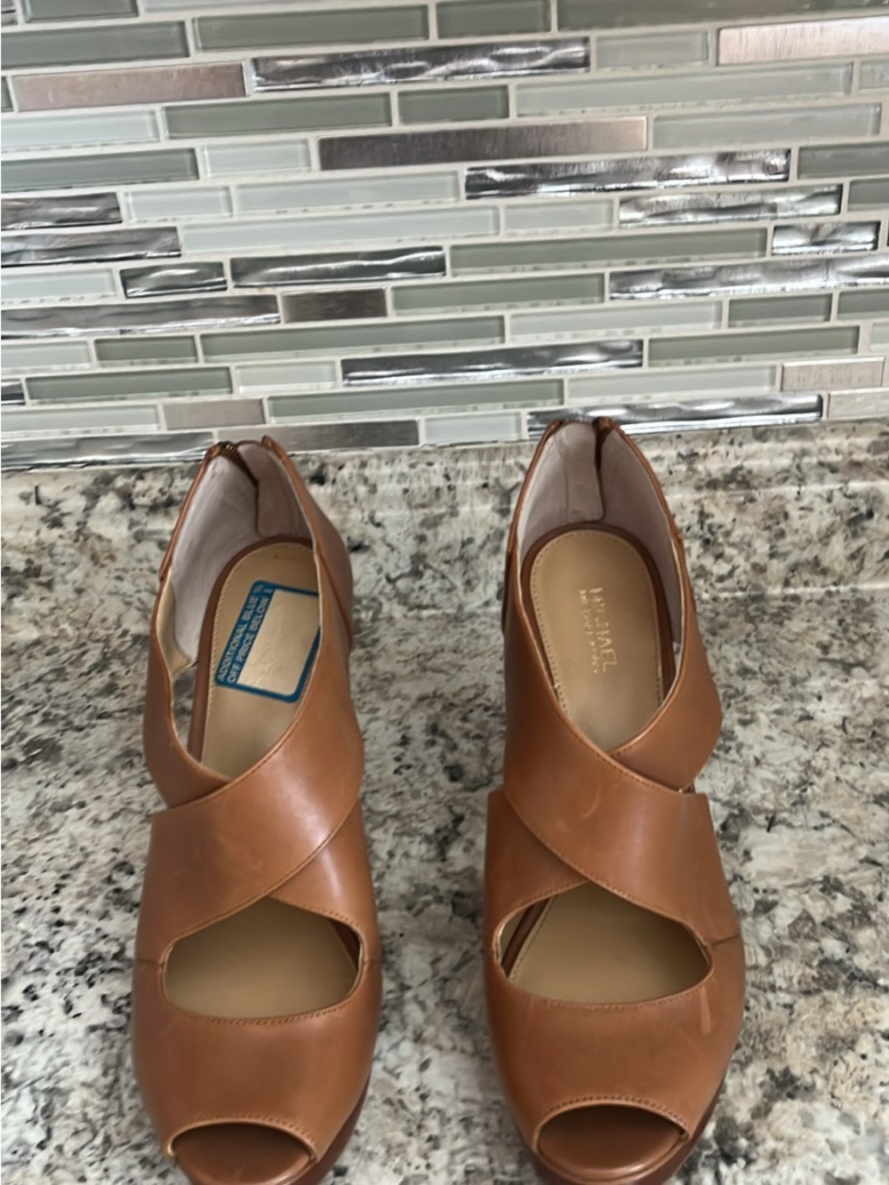 Michael Kors Tan Leather Crisscross Peep-Toe Wedge Sandals